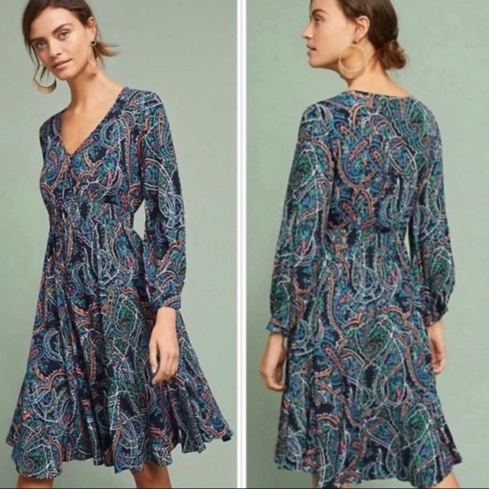 Maeve Anthropologie Anthro Paisley Maplewood Dress M Fit & Flare Elastic Waist